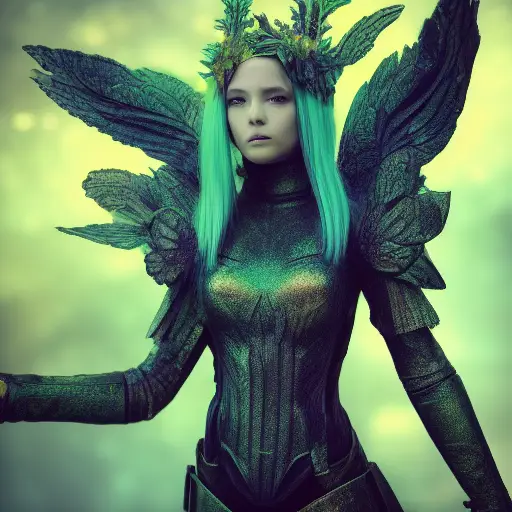 03585-2512826422-titania waframe battle armor realistic photo anaglyph agtie, highly detailed, halo light, bokeh, vivid colors, greens and blues,.webp